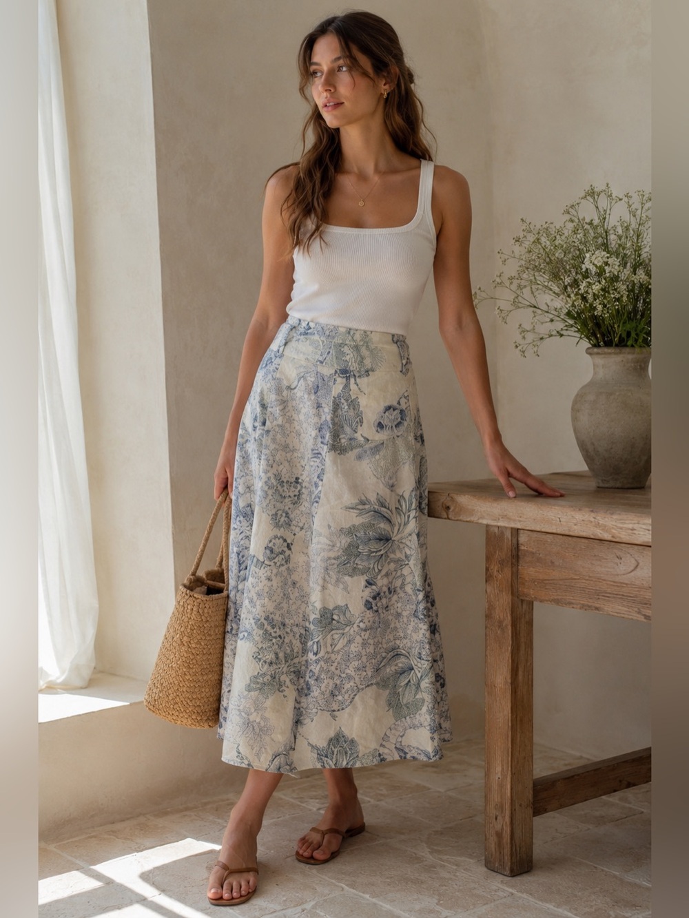 Blue Toile Midi Skirt Cottagecore Prairie Floral Cotton Skirt M